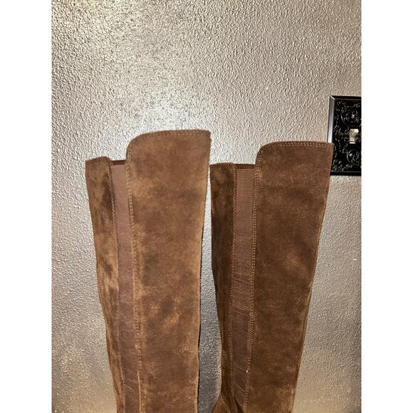 Steve Madden Brown Suede Knee High Boots 7M Stacked Heel Slip On Stretch Shaft - Picture 5 of 11